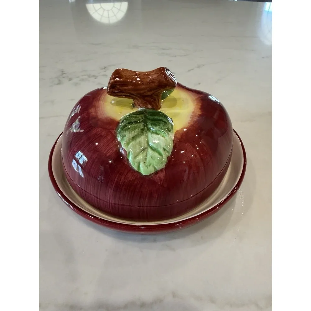 Figural Apple Covered Butter Jam Dish Cottagecore Granny Lidded VTG Country Farm